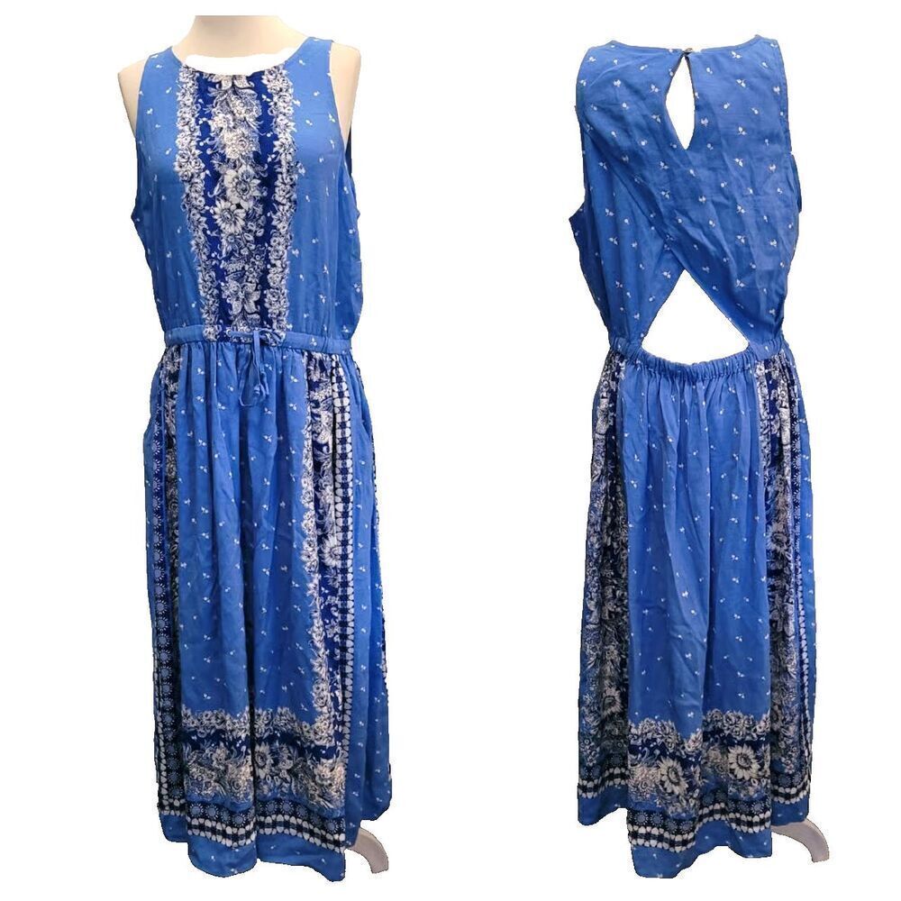 Ann Taylor LOFT Women Blue Sundress M Floral Viscose Open Back Pullover Midi NWT